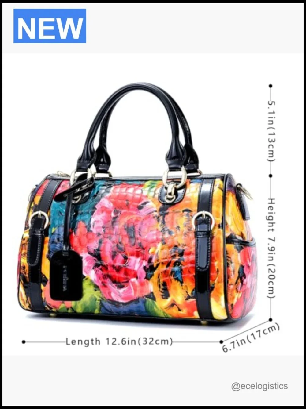 Genuine Leather Satchel Handbag with Floral Pattern Crossbody